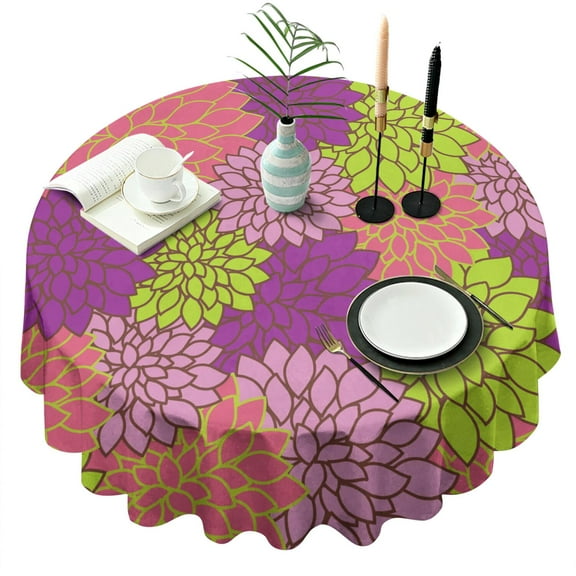 Round Waterproof Tablecloth 60×60 Inch, Big Beautiful Dahlia Flowers Art Images Reusable Indoor/Outdoor Durable Table Cover for Party Kitchen Dinner Room Decor
