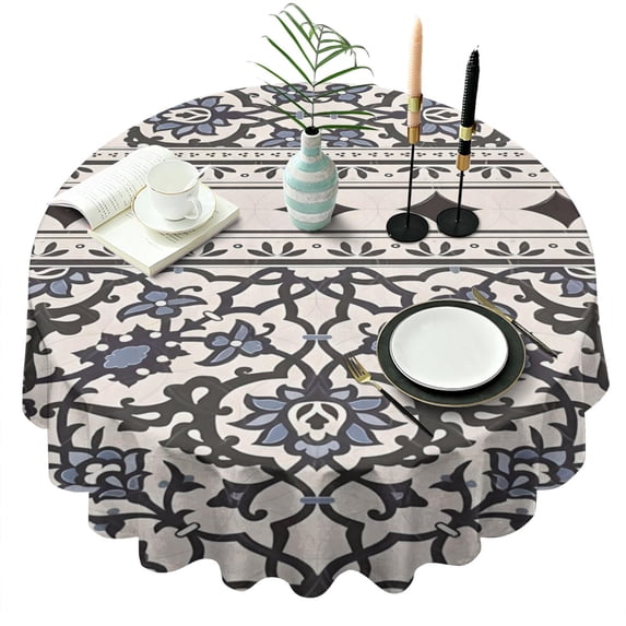 Round Waterproof Tablecloth 60×60 Inch, Black Strip Boho Reusable Indoor/Outdoor Durable Table Cover for Party Kitchen Dinner Room Decor