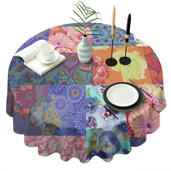 Round Waterproof Tablecloth 60×60 Inch, Boho Style Reusable Indoor/Outdoor Durable Table Cover for Party Kitchen Dinner Room Decor
