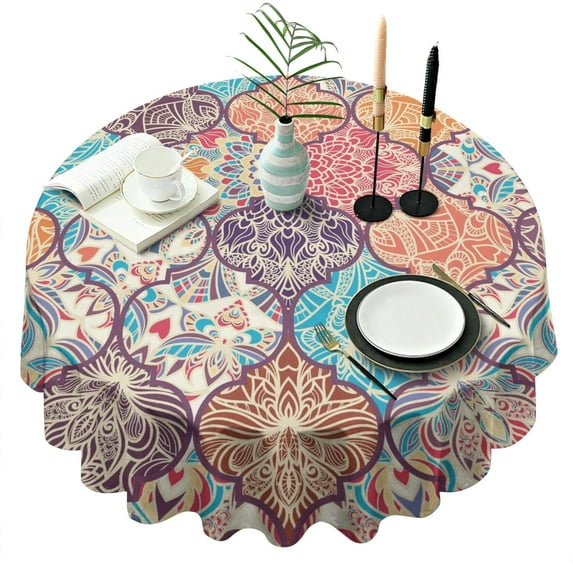 Round Waterproof Tablecloth 60×60 Inch, Boho Style Reusable Indoor/Outdoor Durable Table Cover for Party Kitchen Dinner Room Decor