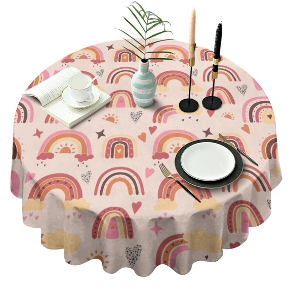 Round Waterproof Tablecloth 60×60 Inch, Boho Style Reusable Indoor/Outdoor Durable Table Cover for Party Kitchen Dinner Room Decor