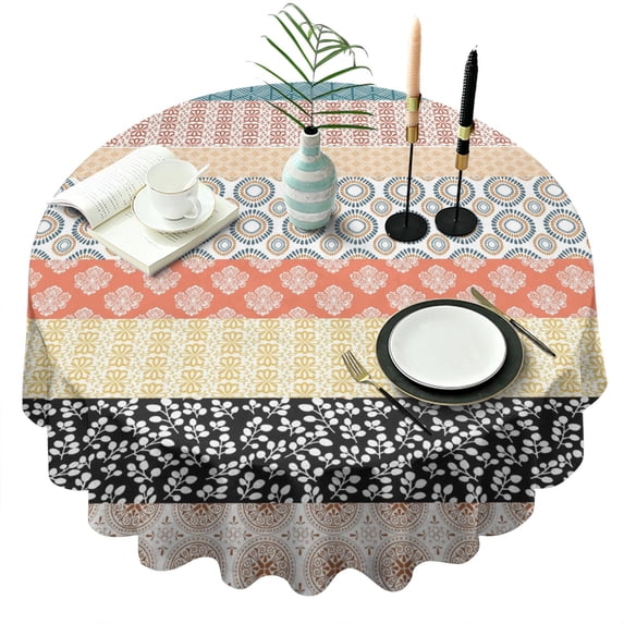 Round Waterproof Tablecloth 60×60 Inch, Boho Style Reusable Indoor/Outdoor Durable Table Cover for Party Kitchen Dinner Room Decor