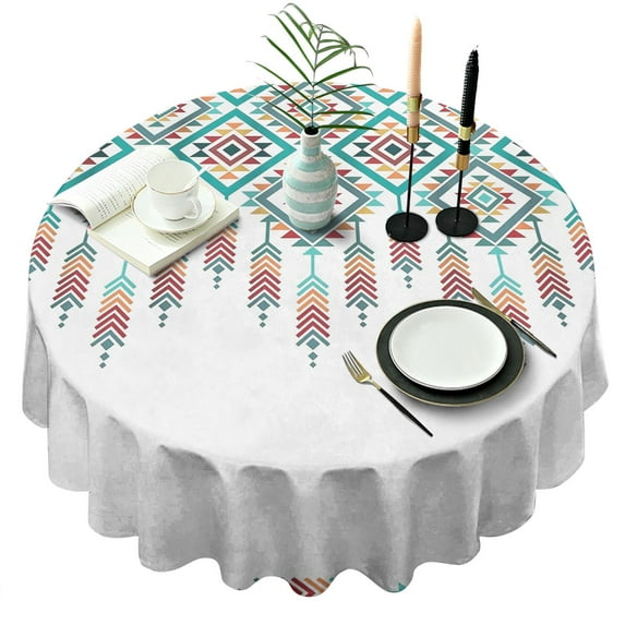 Round Waterproof Tablecloth 60×60 Inch, Boho Style Reusable Indoor/Outdoor Durable Table Cover for Party Kitchen Dinner Room Decor