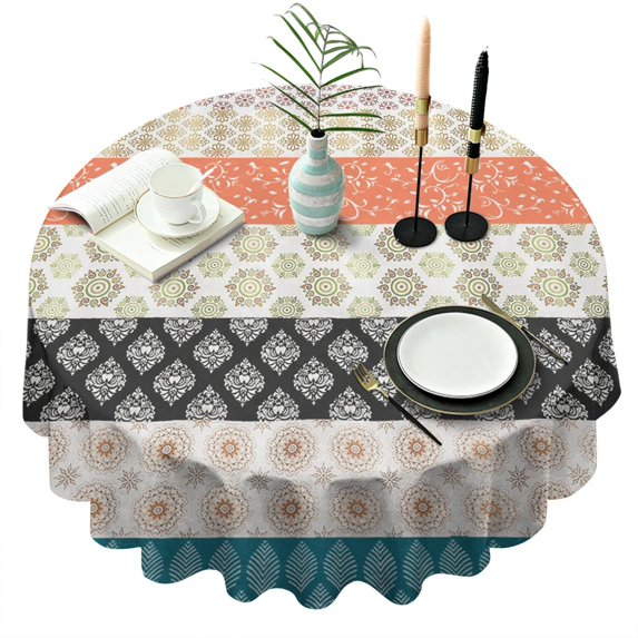 Round Waterproof Tablecloth 60×60 Inch, Boho Style Reusable Indoor/Outdoor Durable Table Cover for Party Kitchen Dinner Room Decor