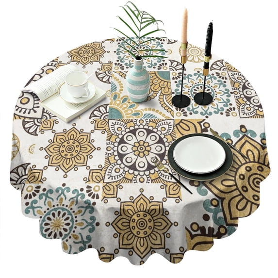 Round Waterproof Tablecloth 60×60 Inch, Boho Style Reusable Indoor/Outdoor Durable Table Cover for Party Kitchen Dinner Room Decor
