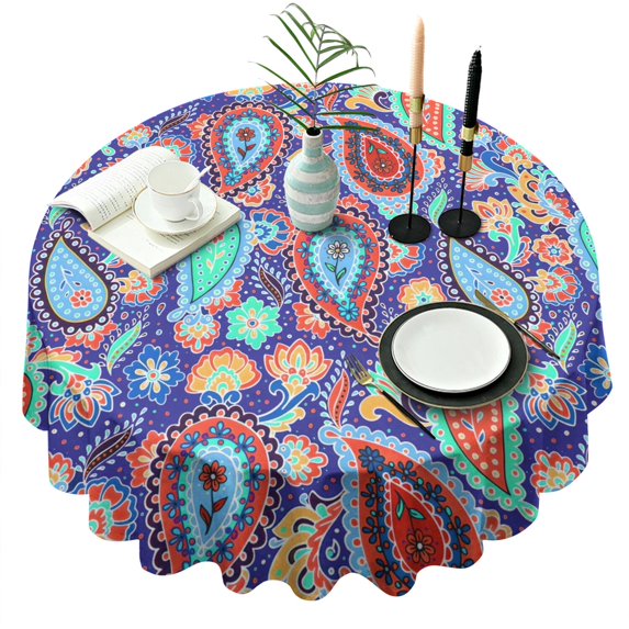 Round Waterproof Tablecloth 60×60 Inch, Boho Style Reusable Indoor/Outdoor Durable Table Cover for Party Kitchen Dinner Room Decor