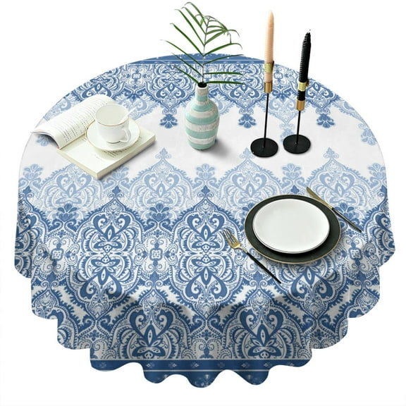 Round Waterproof Tablecloth 60×60 Inch, Boho Style Reusable Indoor/Outdoor Durable Table Cover for Party Kitchen Dinner Room Decor