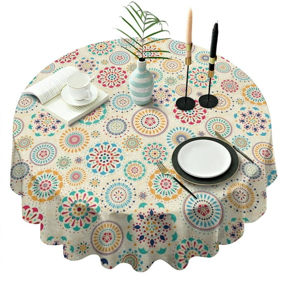 Round Waterproof Tablecloth 60×60 Inch, Boho Style Reusable Indoor/Outdoor Durable Table Cover for Party Kitchen Dinner Room Decor