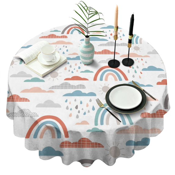 Round Waterproof Tablecloth 60×60 Inch, Boho Style Reusable Indoor/Outdoor Durable Table Cover for Party Kitchen Dinner Room Decor