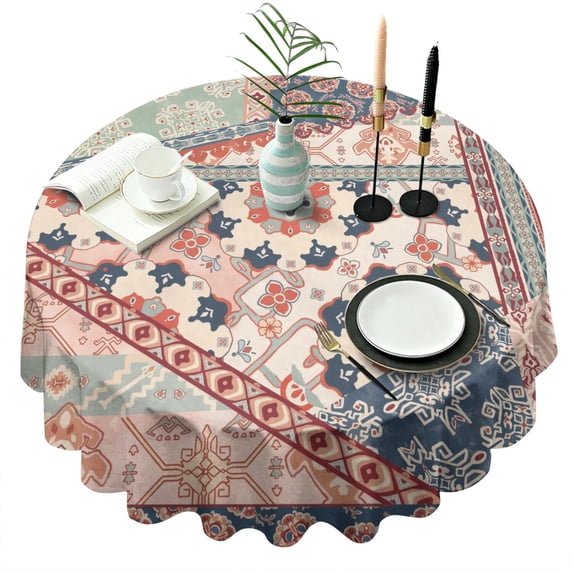 Round Waterproof Tablecloth 60×60 Inch, Boho Style Reusable Indoor/Outdoor Durable Table Cover for Party Kitchen Dinner Room Decor