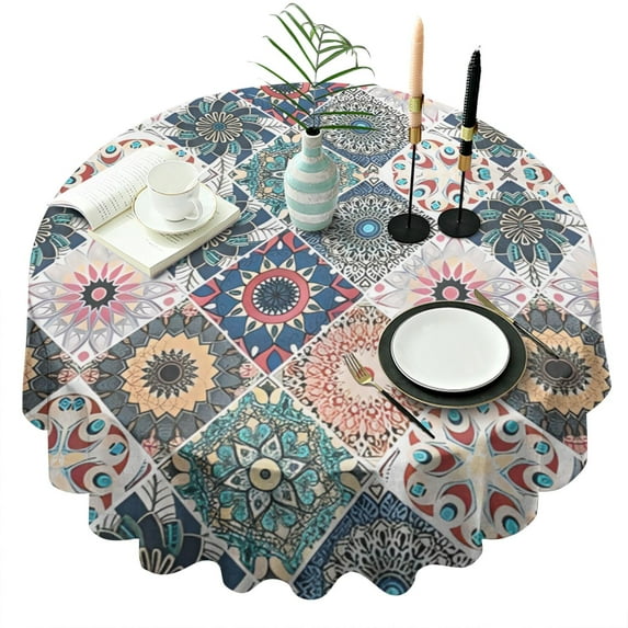 Round Waterproof Tablecloth 60×60 Inch, Boho Style Reusable Indoor/Outdoor Durable Table Cover for Party Kitchen Dinner Room Decor