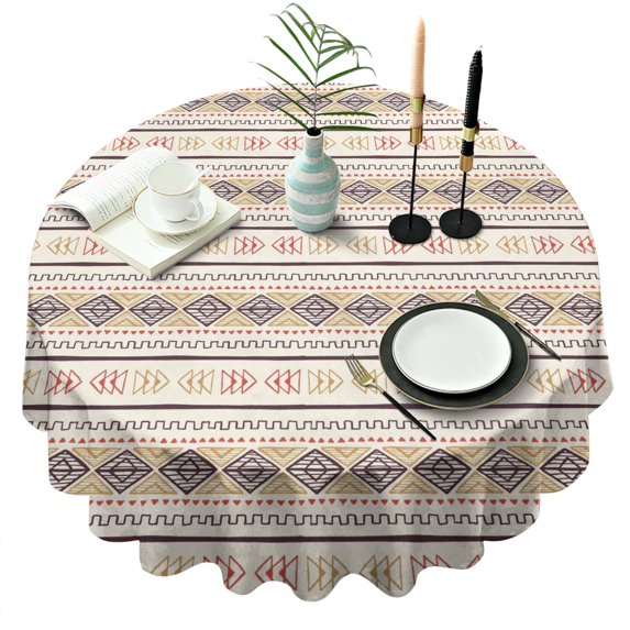 Round Waterproof Tablecloth 60×60 Inch, Classic Bohemian Repeating Geometric Pattern Boho Reusable Indoor/Outdoor Durable Table Cover for Party Kitchen Dinner Room Decor