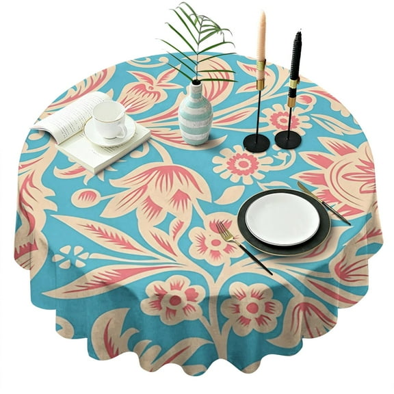 Round Waterproof Tablecloth 60×60 Inch, Decorative Pattern Reusable Indoor/Outdoor Durable Table Cover for Party Kitchen Dinner Room Decor