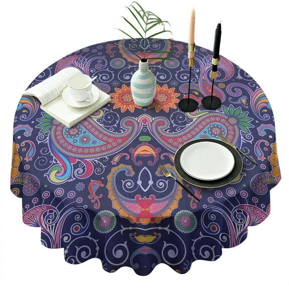 Round Waterproof Tablecloth 60×60 Inch, Gypsy Bohemian Style Art Pattern Reusable Indoor/Outdoor Durable Table Cover for Party Kitchen Dinner Room Decor