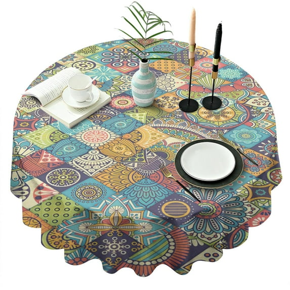 Round Waterproof Tablecloth 60×60 Inch, Vintage Floral Reusable Indoor/Outdoor Durable Table Cover for Party Kitchen Dinner Room Decor
