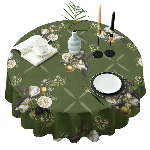 Round Waterproof Tablecloth Green Classical Floral Reusable Indoor/Outdoor Durable Table Cover for Kitchen and Dining Room 60 Inch X 60 Inch