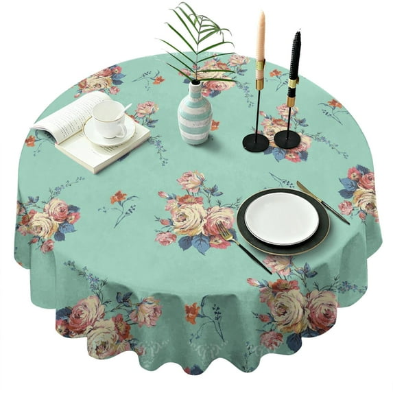 Round Waterproof Tablecloth Green Floral Reusable Indoor/Outdoor Durable Table Cover for Kitchen and Dining Room 60 Inch X 60 Inch