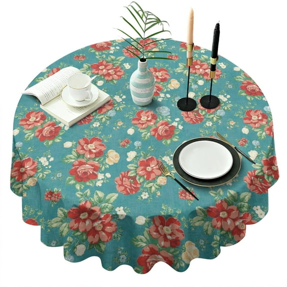 Round Waterproof Tablecloth Pioneer Floral Reusable Indoor/Outdoor Durable Table Cover for Kitchen and Dining Room 60 Inch X 60 Inch