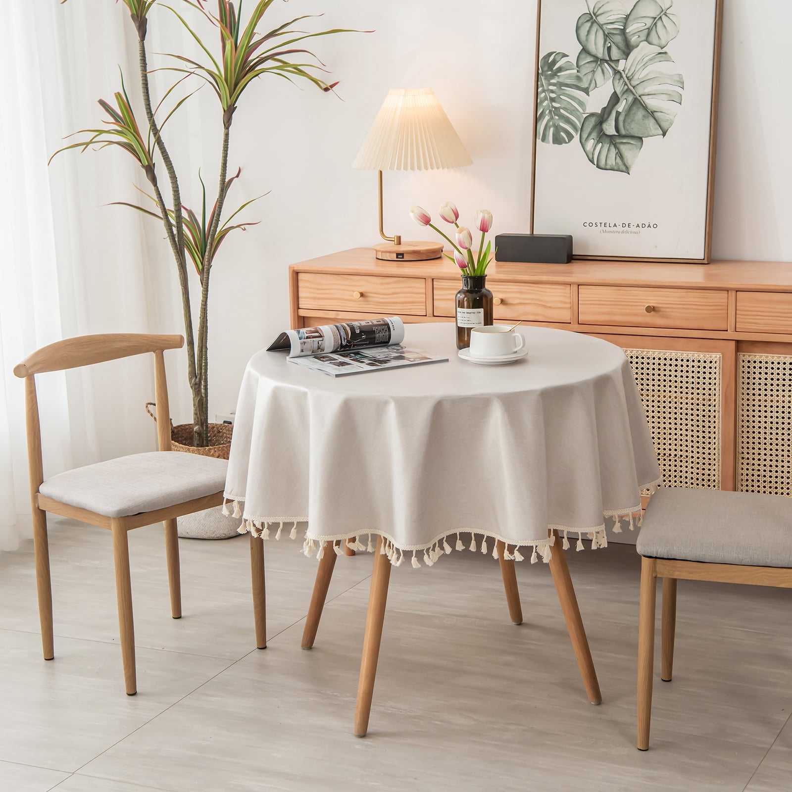 Round Waterproof Tablecloth, Stain Resistant and Wrinkle Polyester Table Cloth, Tassel Table Cover for Kitchen Dining, Wedding, Party, Holiday, Round 55 Inch, Beige
