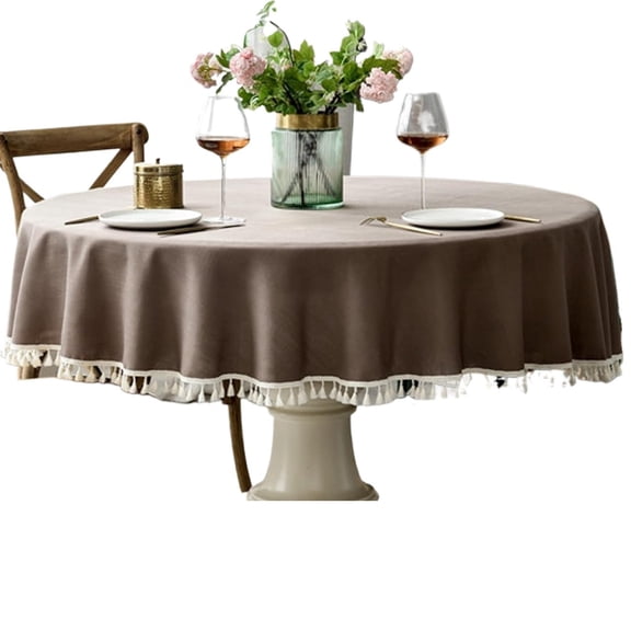 Round Waterproof Tablecloth with Tassels Stain Resistant Waterproof Wrinkle Free Table Cloths Decorative Table Cover for Dining, Kitchen, Wedding, Parties, Holiday