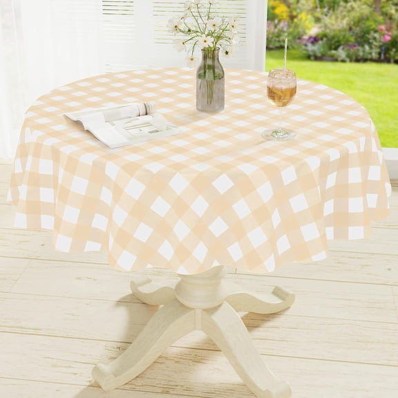 Round Waterproof Vinyl Table Cloth, Buffalo Flannel Backed Tablecloth, Wipeable Plastic Table Cover for Dinner, Kitchen, Picnic (60", Beige and White)