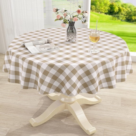 Round Waterproof Vinyl Table Cloth, Buffalo Flannel Backed Tablecloth, Wipeable Plastic Table Cover for Dinner, Kitchen, Picnic (60", Khaki and White)