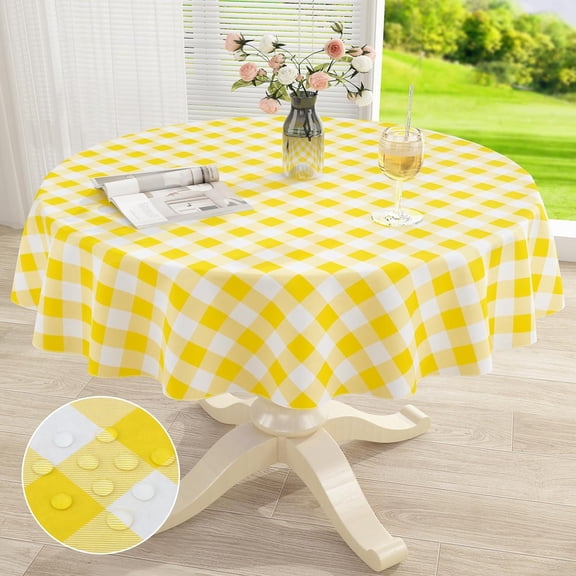 Round Waterproof Vinyl Table Cloth, Buffalo Flannel Backed Tablecloth, Wipeable Plastic Table Cover for Dinner, Kitchen, Picnic (60", Yellow and White)