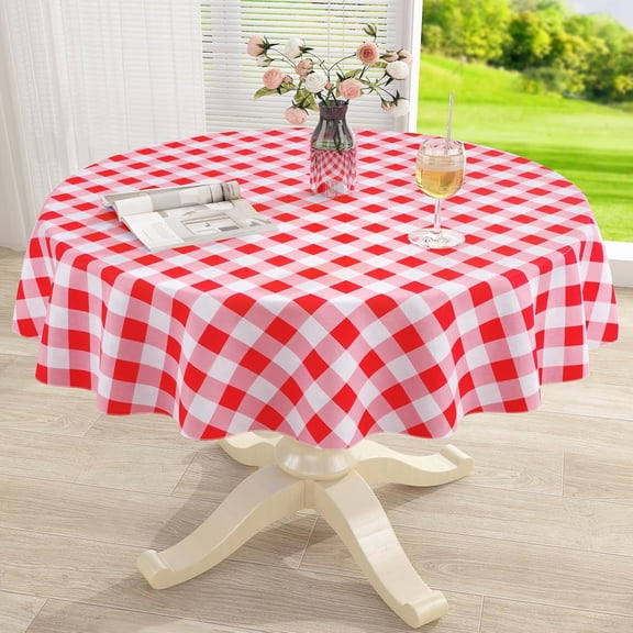 Round Waterproof Vinyl Table Cloth, Buffalo Flannel Backed Tablecloth, Wipeable Plastic Table Cover for Valentine''s Day, Dinner, Kitchen, Picnic (60", Red and White)