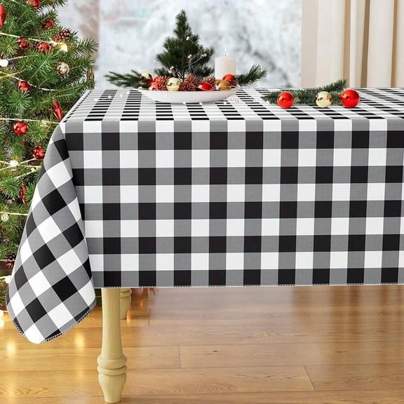 Round Waterproof Vinyl Tablecloth With Black And White Buffalo Plaid Pattern, 60 Inch