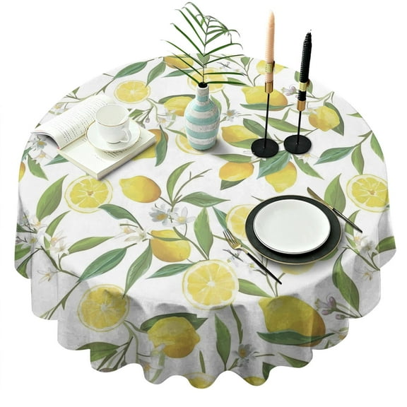 Round Waterproof Yellow Lemon Tablecloth Reusable Washable Weight Fabric Table Covers for Restaurant,Picnic,Indoor and Outdoor Dining 60 Inch X 60 Inch