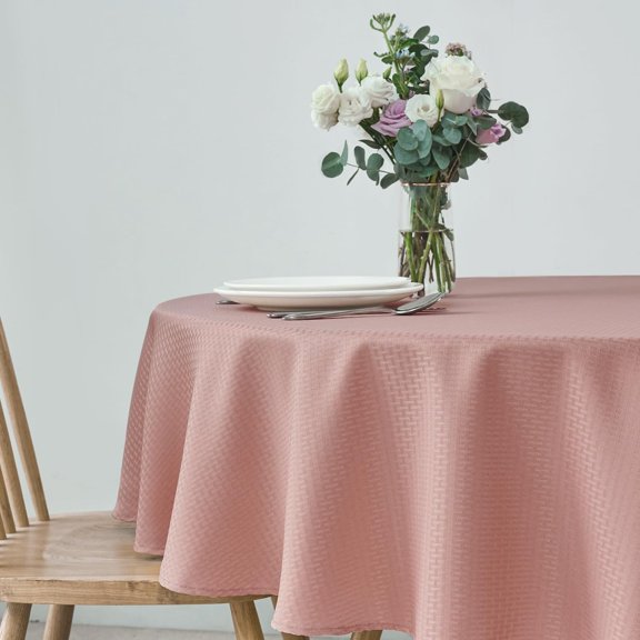 Round Weaved Texture Design Tablecloth Spill-Proof Wrinkle Free Soft Washable Table Cloth for Circular Table Cover, for Dining Room Banquet Parties Holiday Dinner, 90 Inch Pale Blush