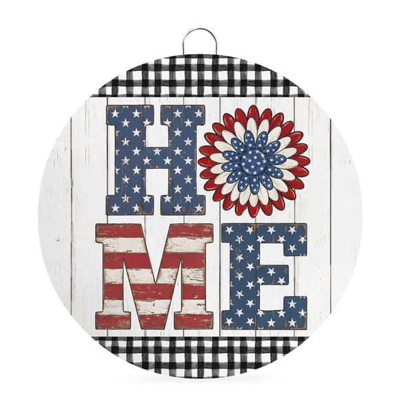 Round Welcome Sign for Front Door, 250 Anniversary Hanging Metal Farmhouse Wall Decor for Porch Entryway, HOME Letters Memorial Black Plaid Wooden Decoration for Holiday Housewarming Gift, 6 in
