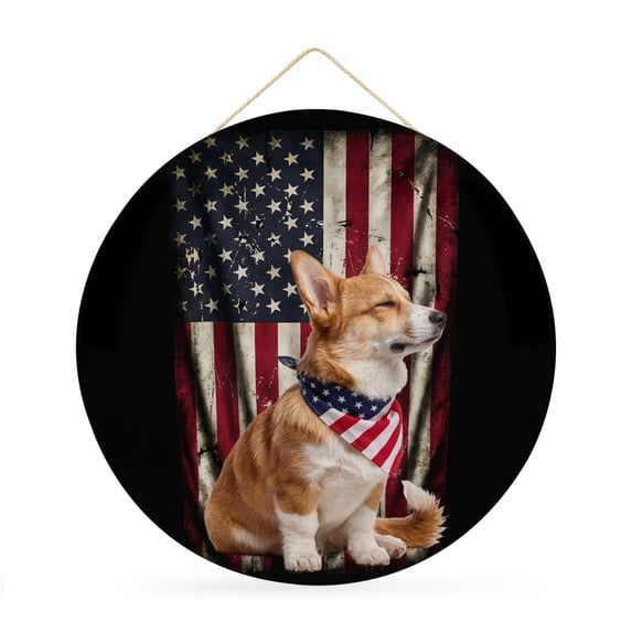 Round Welcome Sign for Front Door, 250 Memorial Day Hanging Metal Farmhouse Wall Decor for Porch Entryway, Patriotic America Flag Corgi Dogs Abstract Decoration for Holiday Housewarming Gift, 12 in