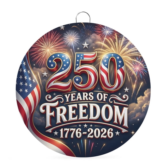 Round Welcome Sign for Front Door, 250th Anniversary Hanging Metal Farmhouse Wall Decor for Porch Entryway, American Flag Fireworks USA Patriotic Decoration for Holiday Housewarming Gift, 8 in