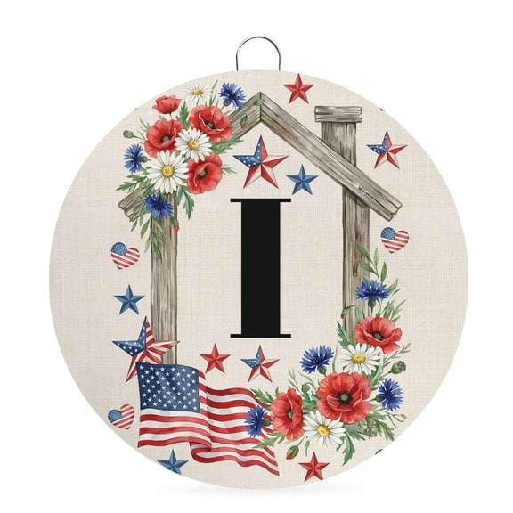 Round Welcome Sign for Front Door, 250th Years Anniversary Hanging Metal Farmhouse Wall Decor for Porch Entryway, Retro USA Flag Wooden Frame Letter I Decoration for Holiday Housewarming Gift, 6 in