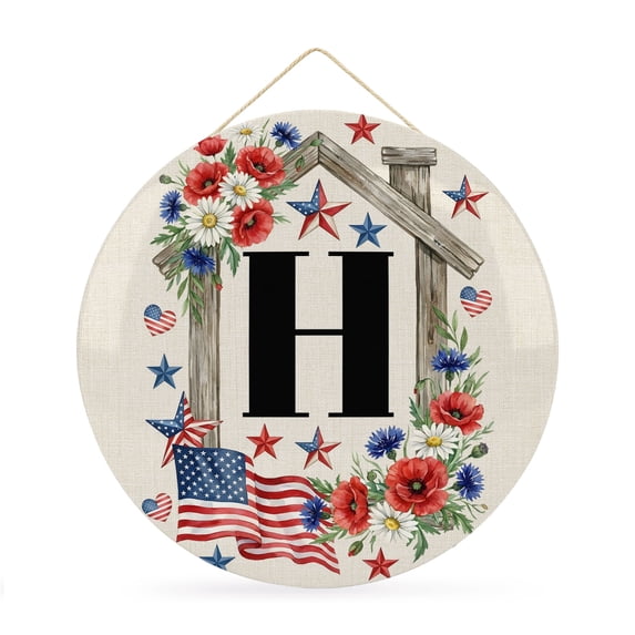 Round Welcome Sign for Front Door, 250th Years Anniversary Hanging Metal Farmhouse Wall Decor for Porch Entryway, USA Patriotic Flag Monogram Letter H Decoration for Holiday Housewarming Gift, 12 in