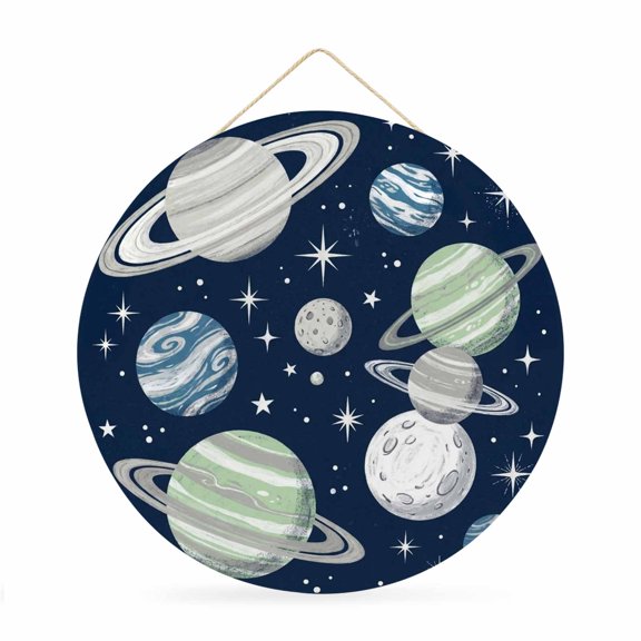 Round Welcome Sign for Front Door, Abstract Space Hanging Metal Farmhouse Wall Decor for Porch Entryway, Modern Chic Universes Navy Blue Decoration for Holiday Housewarming Gift, 12 in
