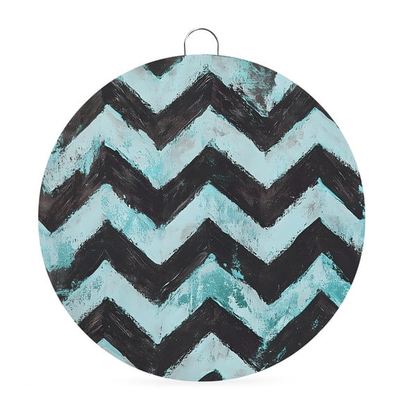 Round Welcome Sign for Front Door, Abstract Teal Hanging Metal Farmhouse Wall Decor for Porch Entryway, Geometric Zigzag Waves Bohemian Stripes Decoration for Holiday Housewarming Gift, 6 in