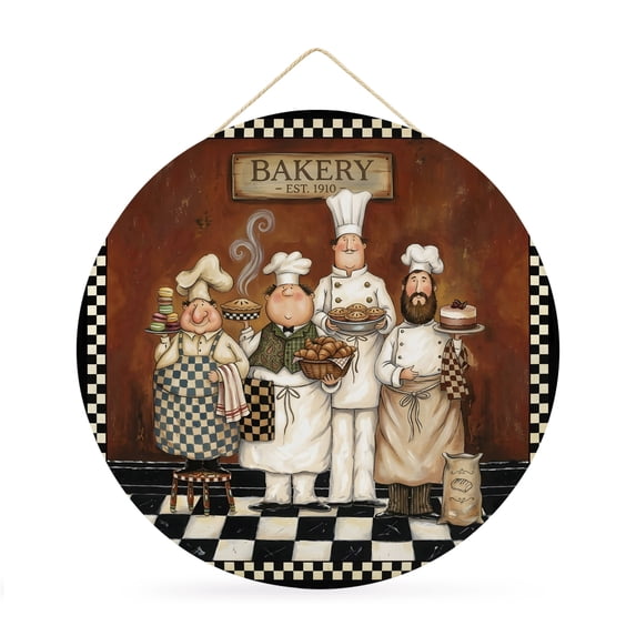 Round Welcome Sign for Front Door, Bakery Chefs Vintage Hanging Metal Farmhouse Wall Decor for Porch Entryway, Farmhosue Kitchen Black White Plaid Decoration for Holiday Housewarming Gift, 12 in