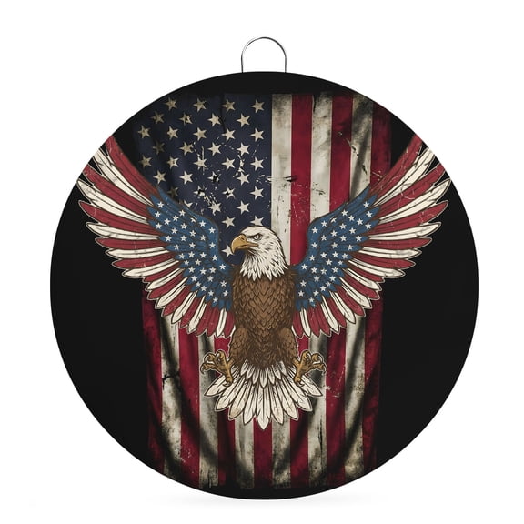 Round Welcome Sign for Front Door, Bald Eagle Hanging Metal Farmhouse Wall Decor for Porch Entryway, American Flag 2Memorial Day Rustic National Decoration for Holiday Housewarming Gift, 6 in