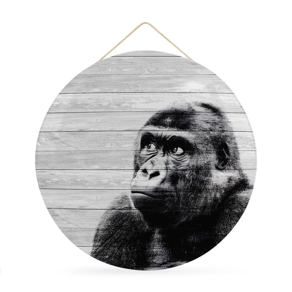 Round Welcome Sign for Front Door, Black Monkey Retro Hanging Metal Farmhouse Wall Decor for Porch Entryway, Modern Art Wildlife Gray Wooden Decoration for Holiday Housewarming Gift, 12 in