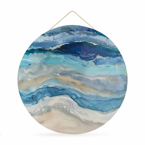 Round Welcome Sign for Front Door, Blue Coastal Hanging Metal Farmhouse Wall Decor for Porch Entryway, Summer Beach Nautical Abstract Art Decoration for Holiday Housewarming Gift, 12 in