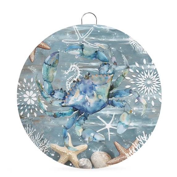 Round Welcome Sign for Front Door, Blue Crab Coastal Hanging Metal Farmhouse Wall Decor for Porch Entryway, Summer Beach Nautical Starfish Coral Decoration for Holiday Housewarming Gift, 8 in