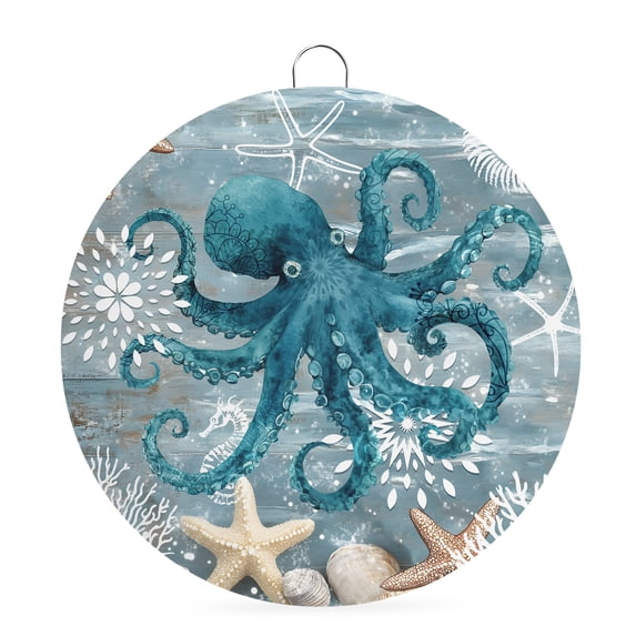 Round Welcome Sign for Front Door, Blue Octopus Coastal Hanging Metal Farmhouse Wall Decor for Porch Entryway, Summer Beach Ocean Starfish Coral Decoration for Holiday Housewarming Gift, 6 in