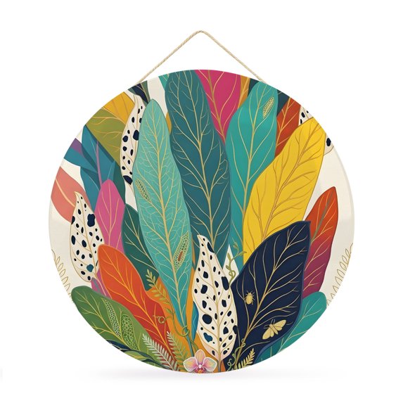 Round Welcome Sign for Front Door, Boho Leaves Hanging Metal Farmhouse Wall Decor for Porch Entryway, Colorful Tropical Plants Bohemian Vintage Leaf Decoration for Holiday Housewarming Gift, 12 in