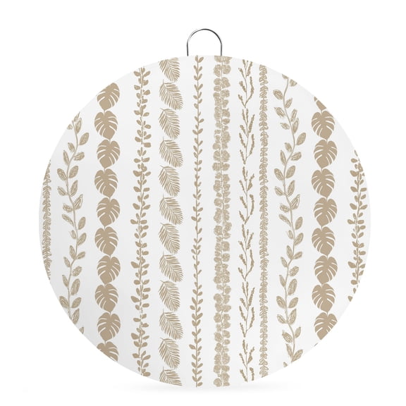 Round Welcome Sign for Front Door, Brown Botanical Hanging Metal Farmhouse Wall Decor for Porch Entryway, Summer Botanical Leaf Vertical Stripes Decoration for Holiday Housewarming Gift, 8 in