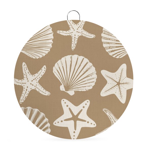 Round Welcome Sign for Front Door, Brown Coastal Starfish Hanging Metal Farmhouse Wall Decor for Porch Entryway, Ocean Sea Shells Nautical Marine Decoration for Holiday Housewarming Gift, 6 in