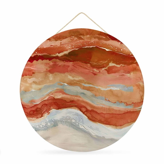 Round Welcome Sign for Front Door, Burnt Orange Coastal Hanging Metal Farmhouse Wall Decor for Porch Entryway, Summer Beach Nautical Abstract Art Decoration for Holiday Housewarming Gift, 12 in