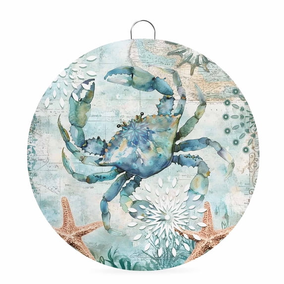 Round Welcome Sign for Front Door, Coastal Crab Hanging Metal Farmhouse Wall Decor for Porch Entryway, Teal Nautical Beach Starfish Vintage Decoration for Holiday Housewarming Gift, 8 in