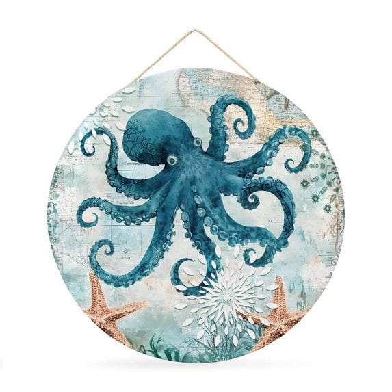 Round Welcome Sign for Front Door, Coastal Octopus Hanging Metal Farmhouse Wall Decor for Porch Entryway, Teal Nautical Beach Starfish Vintage Decoration for Holiday Housewarming Gift, 12 in